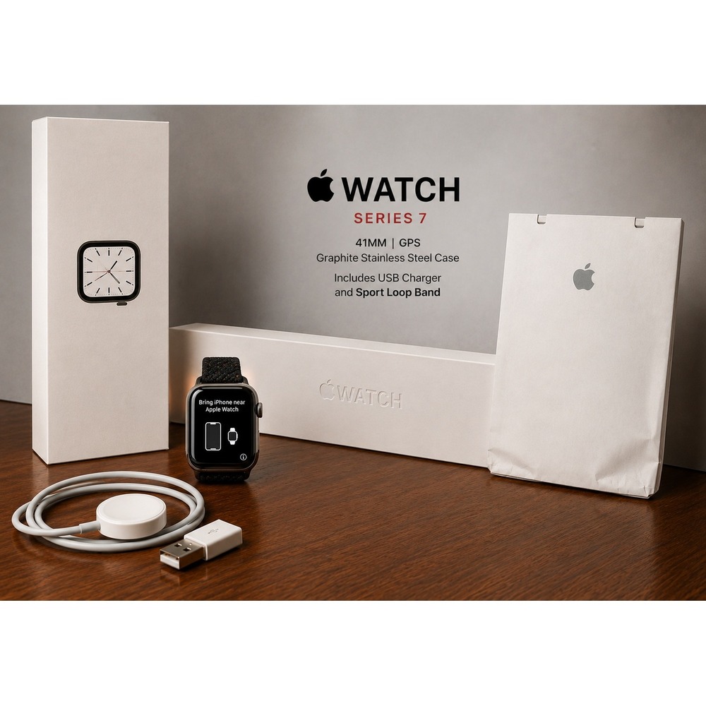 Apple Watch Bundle Series 7 41mm Graphite Stainless Steel GPS USB charger